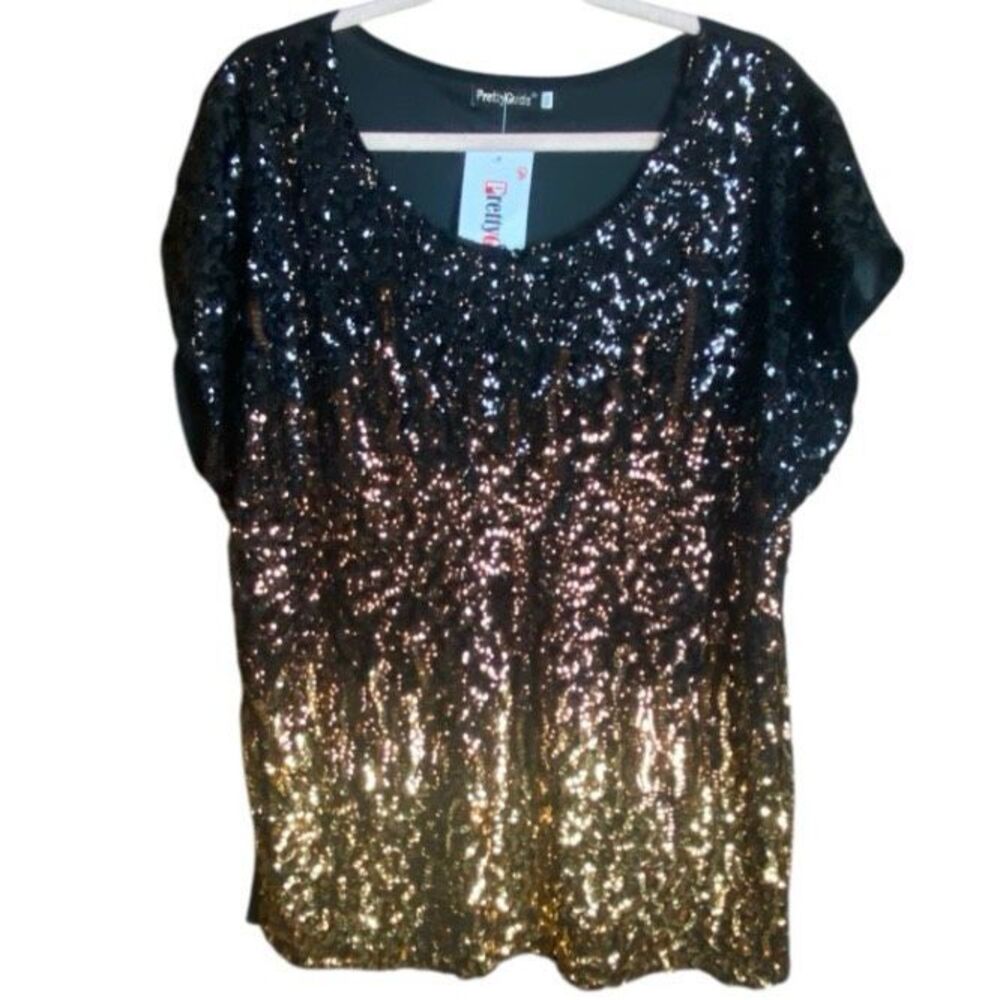 PrettyGuide Black Gold Sequin Ombre Top XXL Mardi Gras NYE